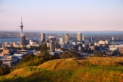 stunning hilltop panorama of auckland city as seen from local landmark, the dormant volcano mt eden.